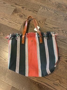 Free People Espana Striped Fringe Canvas Tote - Red & Navy Ivory/Green